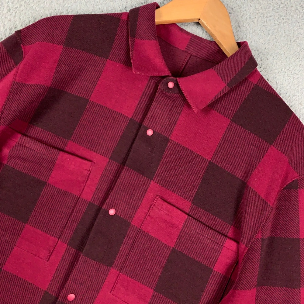 Lululemon Soft Knit Overshirt Mens XL Red Buffalo Plaid Snap‎ Front Long Sleeve